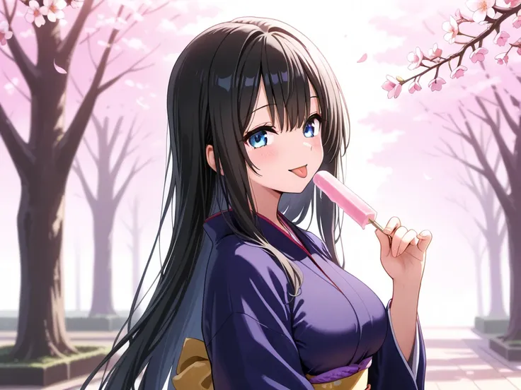 Black Haired Maiden,  kimono, Staring at the cherry blossoms, Happy Smile, lick ice cream, stick out tongue, park on a sunny day