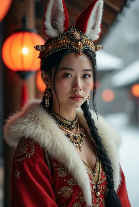 Beautiful Asian woman, 18 years.
Open chest, no buttoned shirt, Very large chest, size 45 inches,

This is a beautifully composed photo with a rich cultural aesthetic! The intricate details of the fur-lined attire, the embroidered patterns, and the beaded ...