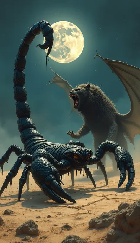 A giant black scorpion raises its deadly tail, venom dripping onto the cracked desert floor. Its claws clatter, reflecting the moonlight. Across from it, a manticore—its lion’s body tense, its bat wings spread, and its human-like face twisted into a cruel ...