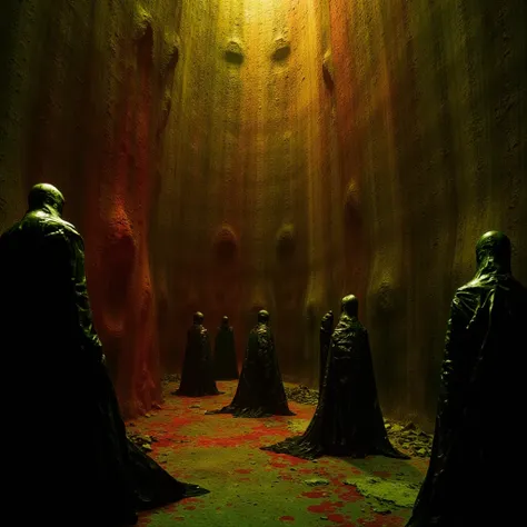 dark surrealist artwork style of a dystopian Zdzisław Beksiński environment and world of a room with abstract walls, big queue of hollow figures, armor, cinematics colors, lights and shadows on high contrast, dark red, brown, deep dark green, golden dark y...