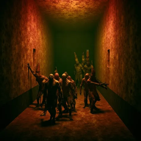 dark surrealist artwork style of a dystopian Zdzisław Beksiński environment and world of a room with abstract walls, big queue of hollow figures, armor, cinematics colors, lights and shadows on high contrast, dark red, brown, deep dark green, golden dark y...