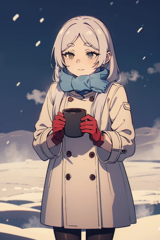  葬送の Freelen, Freelen,happiness,a cute adult women wearing a warm winter coat and scarf, standing in a snowy landscape, steam rising around her, with rosy cheeks and wearing gloves,longeyelashes,soft lighting,snow,winter,cozy,warm,steam,red cheeks,gloves,m...