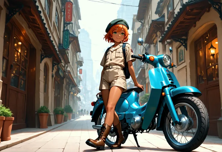 1boy, shota, dark copper tan skin, solo, orange hair, short hair, khaki uniform, beret cap, short pants, green eyes, honda super cub, city street, lower buildings, walking on the street, smile, masterpiece, best quality, cinematic lighting, black lace up b...