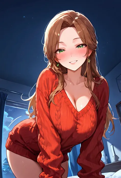 sweater only, wear a sweater with a half open, seductive look, female, adult, delightful, blushing, smiling, looking at viewer, bending over, eyes half-closed, in the room, at night, motion lines, detailed background,
