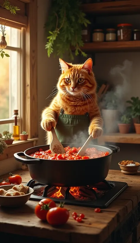 The orange tabby cat is now standing at the stove, stirring a bubbling pot with a wooden spoon. The pot is filled with a rich, aromatic sauce made from the freshly chopped tomatoes, garlic, and herbs. The rustic kitchen is cozy, with a few hanging plants a...