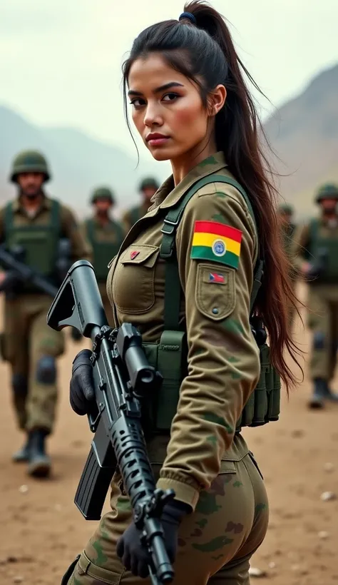 big breasts A graceful and beautiful Bolivian female soldier, tall and long messy hair, confidently holding a modern weapon. She wore a camouflage combat uniform with the chest area slightly exposed, highlighting her feminine silhouette, and the red, yello...