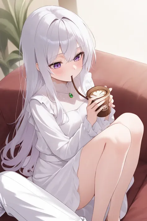 A white-haired, black-tipped teenage girl with jewel-purple eyes in a dress, a white long-sleeved top, along with white trousers, is sitting drinking hot cocoa.