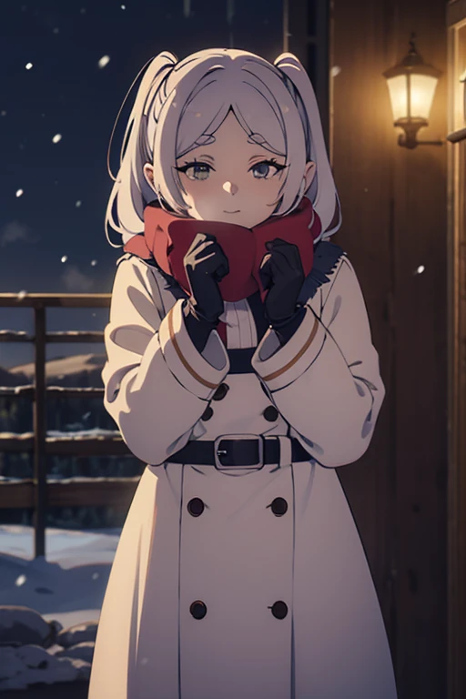  葬送の Freelen, Freelen,happiness,a cute adult women wearing a warm winter coat and scarf, standing in a snowy landscape, steam rising around her, with rosy cheeks and wearing gloves,longeyelashes,soft lighting,snow,winter,cozy,warm,steam,red cheeks,gloves,m...