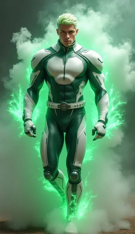 Full body photorealistic handsome hunky young slender futuristic male wiz with light green hair wearing a white and dark green micro honeycomb textured leather costume, with gloves and belt and boots. and wristbands that can manipulate wind,   his body is ...