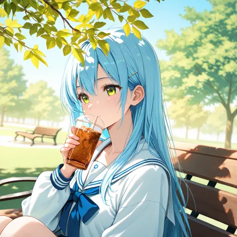 A close-up portrait of a Japanese high school girl in a sailor uniform, sitting on a park bench in October. She's sipping iced tea and looking thoughtful. Soft afternoon sunlight illuminates her face. The background shows a mix of green and yellow leaves o...