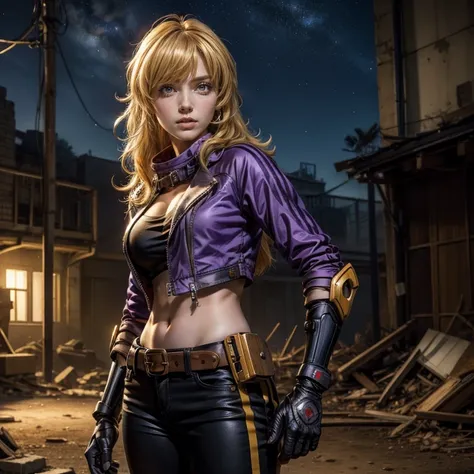 nighttime, stars, yangxiaolong, yang xiao long, long hair, blonde hair, (purple eyes:1.3), ahoge, bangs, BREAK cleavage, jacket, black pants, belt, mechanical arms, single mechanical arm, prosthesis, prosthetic arm, smile, BREAK post apocalyptic scene, gym...