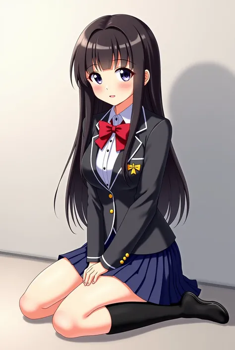 anime girl in uniform sitting on the ground with her legs crossed, an anime drawing by Kamisaka Sekka, pixiv, sots art, yandere. tall, seductive anime girl, beautiful anime high school girl, jk uniform, marin kitagawa fanart, digital art from danganronpa, ...