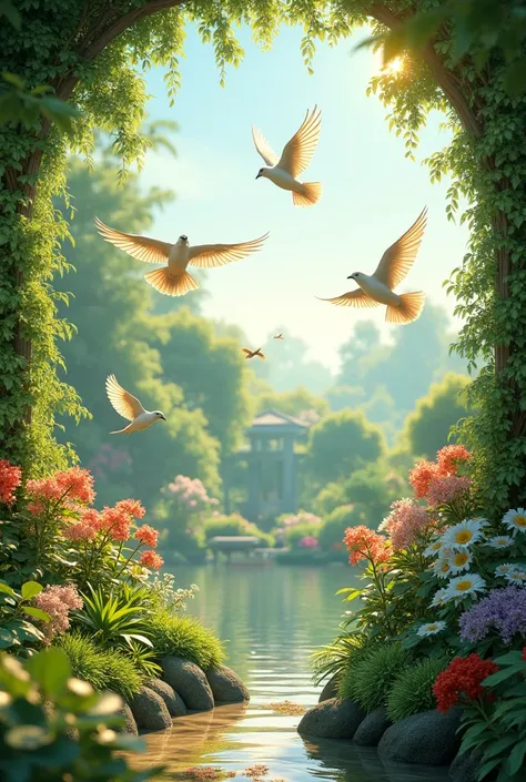 Imagine a beautiful garden were birds flying on it 