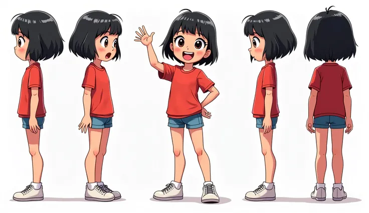 A consistent character sheet of a  Asian girl in comic-style, designed for storytelling and animation references. She has big expressive eyes, a small round face, and short black hair in a cute bob with bangs. She wears a red shirt, blue shorts, and white ...