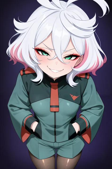 1 girl, smug, evil smile, {{{{{secret two-tone hair}}}}}, pink hair, white hair, medium hair, green eyes, thick thights, shiny skin, asticassia school uniform, black pantyhose, green jacket, green shorts, school uniform, flat breasts, eyelashes, red eyesha...