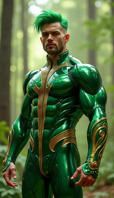 Full body photorealistic handsome hunky fractal masculine green hair Gaio ,wearing a green with gold  transparent crystal chrome glass trimmings super suit , look at camera, detailed face parts, with majestic forest as background, Freestyle Pose, Happy Exp...