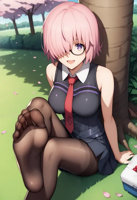 score_9, score_8_up, score_7_up, score_6_up, uncensored, 1girl, mash kyrielight, short hair, purple eyes, pink hair, (hair over one eye:1.2), large breasts, glasses, collared shirt, (white collar:1.1), black shirt, necktie, red necktie, sleeveless, off sho...