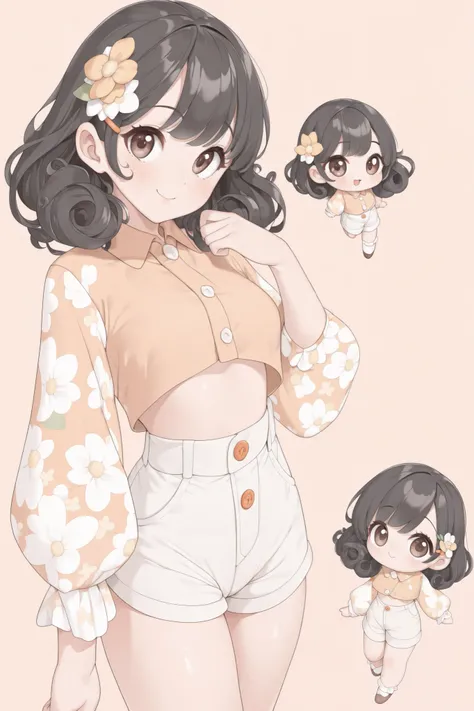 (((Masterpiece))), a chibi top influencer woman, best quality, ultra-detailed, cute and spunky, retro 60's style, fair skin, short curly black hair with flower clips, orange button up crop top transparent floral print sleeves, brown high waist button up s...