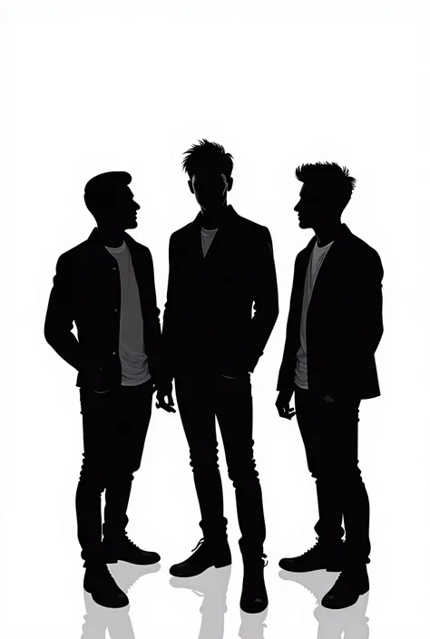 black and white, vector, silhoutte, HD, white background, silhoutte of 3 men middle is the tallest, music 2010s clothes band,