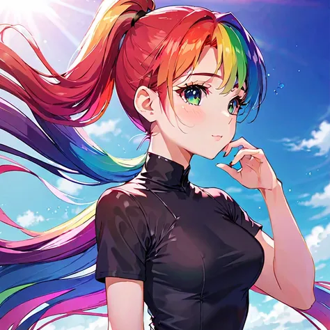 アイドルのような日本 woman ,((１ woman)), ( ponytail ), Round face ,((  bust up 、 black leotard ,  As shown in the picture  ,    High School 、 natural pose、masterpiece,  rainbow hair , 