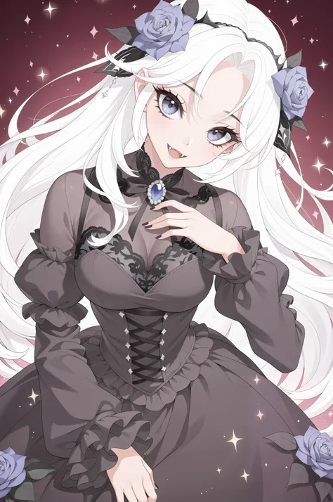 (Absurdres:1.2), masterpiece, best quality, Beautiful Vampire Queen, long white hair, gothic style, roses in hair, dark black eyelashes, beautiful blue irises, fangs, black lace dress, digital illustration, glitter