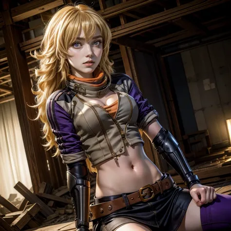 nighttime, stars, yangxiaolong, yang xiao long, long hair, blonde hair, (purple eyes:1.3), ahoge, bangs, BREAK cleavage, jacket, black skirt, belt, mechanical arms, single mechanical arm, prosthesis, prosthetic arm, smile, BREAK sitting in post apocalyptic...