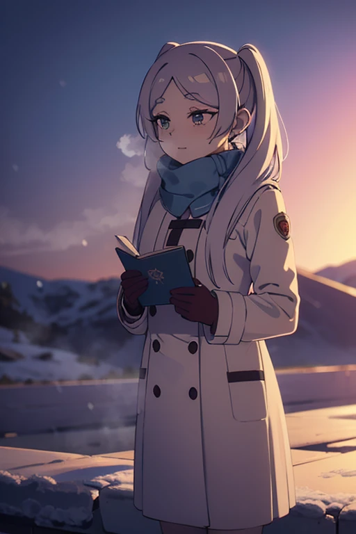  葬送の Freelen, Freelen,happiness,a cute adult women wearing a warm winter coat and scarf, standing in a snowy landscape, steam rising around her, with rosy cheeks and wearing gloves,longeyelashes,soft lighting,snow,winter,cozy,warm,steam,red cheeks,gloves,m...