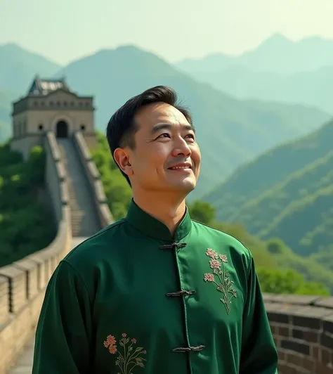 Asian man, 55 years old, dark brown hair under short crew cut wearing green cheongsam traditionan clothes,, thin smile closed lips, standing Great Wall china, front side, embroidered green atmosphere