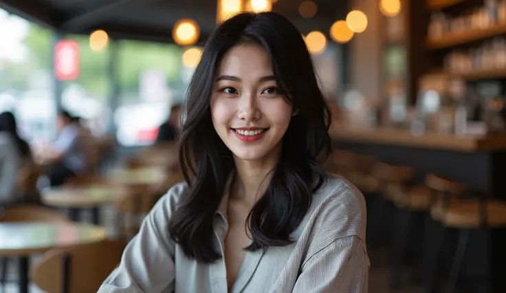 The world of fashion, luxury and glamour, the most beautiful top actress from korea with black hair and casual shirts. She has black eyes, the photo was taken in natural light in down town of Seoul background. she sits down on chair and table in good moody...