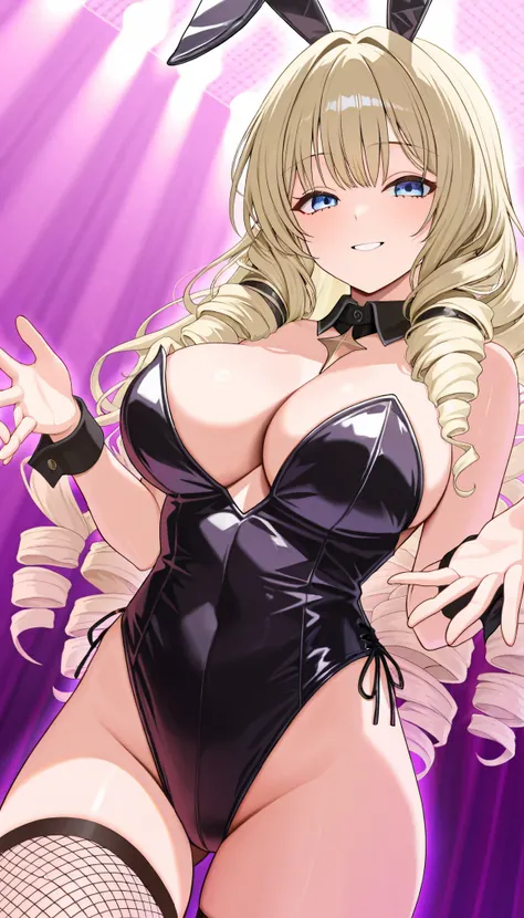 score_9, score_8_up, score_7_up, score_6_up, score_5_up, score_4_up,cowboy shot,1girl,solo,crwnrd, blue eyes, blonde hair, long hair, drill hair, large breasts,close mouth,smile,(playboy bunny, fishnet thighhighs),looking at viewer,masterpiece,Noise Reduct...