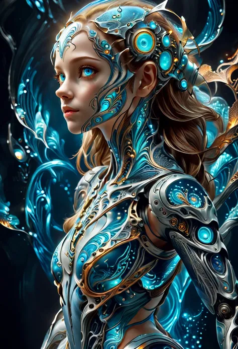 (masterpiece, best quality, amazing quality),  a futuristic female humanoid, elegant and intelligent, glowing neon blue and silver accents, cyberpunk style, sleek and balanced physique, wearing a high-tech suit with flowing digital patterns resembling ocea...