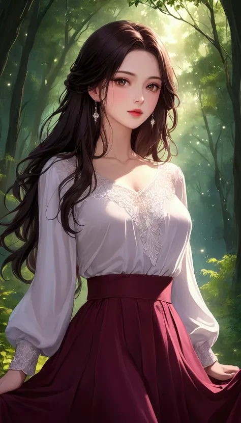  masterpiece,   top quality of talks,   Super Detail,   Best Shadow,   one beautiful girl , Dark Maroon Long Hair  ,   beautiful brown eyes ,  beautiful pink lips,   beautiful detailed faces from faces and clothes  , Moderate bust,  Detailed digital illust...