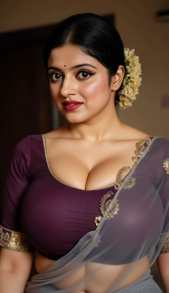 Pov camera view, Indian milf on her knees, looking at camera, with lust in her eyes, black hair tied around, flowers in head,sandal mark on forehead, sindhur on forehead (vermilion mark on forehead in the middle of hair partition,transparent gray Saree, da...