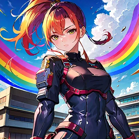 アイドル戦士ような日本 woman ,((１ woman)), ( ponytail ), Round face ,((  bust up 、black armored mechanic suit ,  As shown in the picture  ,    High School 、Poses for fighting with weapons、masterpiece,  rainbow hair, 