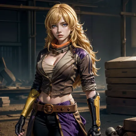 nighttime, stars, yangxiaolong, yang xiao long, long hair, blonde hair, (purple eyes:1.3), ahoge, bangs, BREAK cleavage, jacket, black skirt, belt, mechanical arms, single mechanical arm, prosthesis, prosthetic arm, smile, BREAK walking in post apocalyptic...