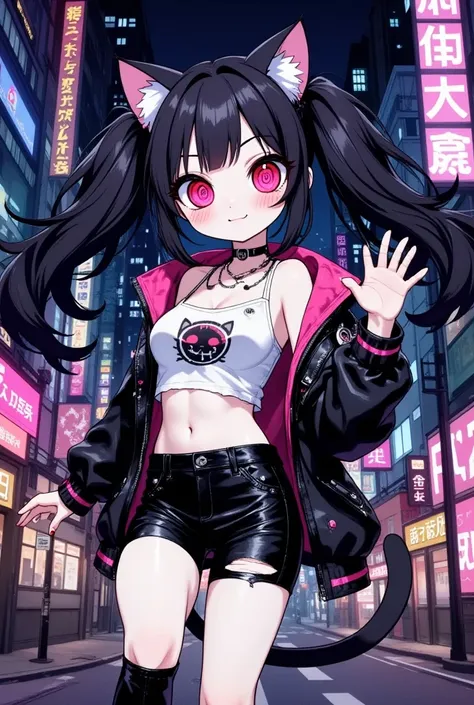 (masterpiece, best quality:1.2),solo,a cute evil punk cat girl,/(big eyes,red eyes,circle pattern of her eyes,details of eyes,fluffy black cat-ear,black hair,twin tails hair,pale blue skin,simple cyber punk clothes,casual style),cute posing,cheerful girl,h...