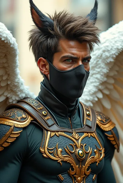 Short haired superhero, wavy and has tufts of different colors.  His right eye is green and his left eye is blue.. His skin is baise and his costume is reminiscent of the Spanish army suits. Its mask covers it up to the middle of the face with decorations....