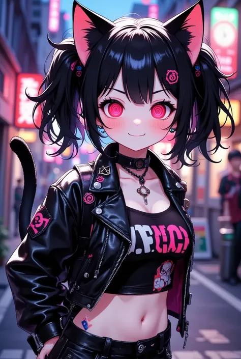 (masterpiece,  top quality:1.2),Alone, cute bad punk cat girl ,/( big eyes, red eyes,  circular pattern of her eyes  ,Eye details,fluffy black cat ears ,  black hair,Twin tail hair, Pale Skin, simple cyberpunk outfit  , Casual Style ),Cheerful girl,happy a...