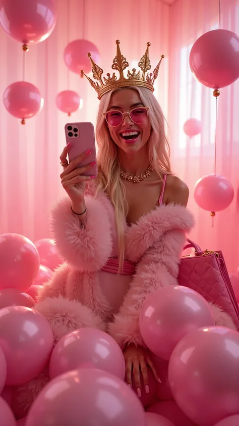 A blonde woman with pink High Hells with a metal hell, a golden crown golden sunglasses with pink glass, a pink bag And an i-phone laughing while taking a Selfie in a room filled with floating pink shiny balls