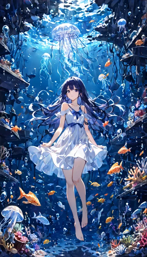 (( dark blue hair long hair 1 girl:1.4))，Full body solo shooting、((seabed:1.4))、Floats in water、Lots of small fish、(( white dress 、 barefoot))、Floating、A lot of bubbles、jellyfish、Jellyfish、Coral Reef、Starfish、Various fish 、Blue Fish、School of sardines、Sink...