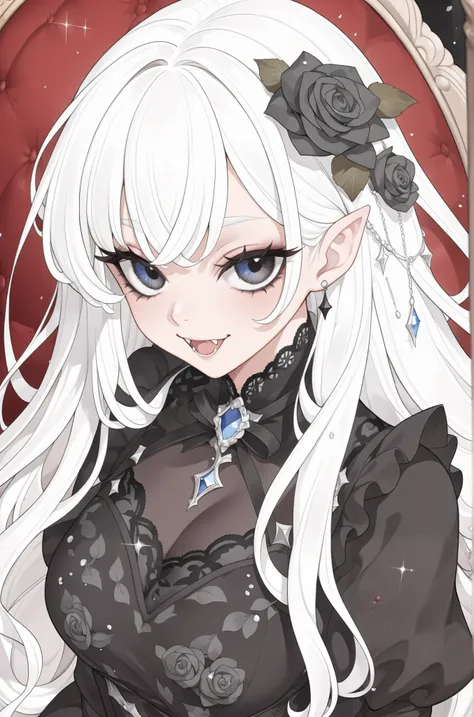 (Absurdres:1.2), masterpiece, best quality, Beautiful Vampire Queen, long white hair, gothic style, roses in hair, dark black eyelashes, beautiful blue irises, fangs, black lace dress, digital illustration, glitter