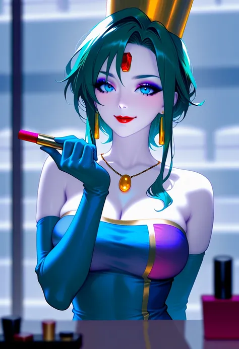  score_9, score_8_ up the side, score_7_ up the side, masterpiece,  high resolution,  glittering clothes ,  1 girl, Heavy makeup, ,  green hair, white skin , Red gem on forehead, 、I'm applying foundation, Red lipstick,  eyeshadow, ,  blue eyes, Blue Bodyco...