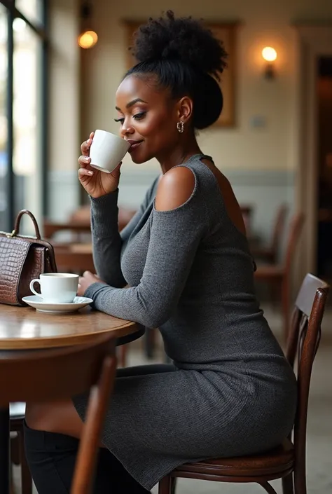 A curvaceous Black woman in a charcoal-gray knit midi dress with cutout shoulders and a keyhole back sips espresso in a sunlit Milanese café. The dress clings to her curves, paired with knee-high suede boots and a crocodile leather tote. Her hair is a low,...