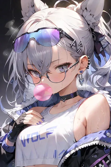 (masterpiece:1.2), ハイパー Details,  top quality, ( complicated_ Details:1.1), 美しい Details,  beautiful hair, Alone, 1 girl, staring at viewers, silver wolf , shirt,   hair ornament,  gloves, Chest, bare shoulders,   jewelry,  medium boobs ,  jacket ,  hair bo...