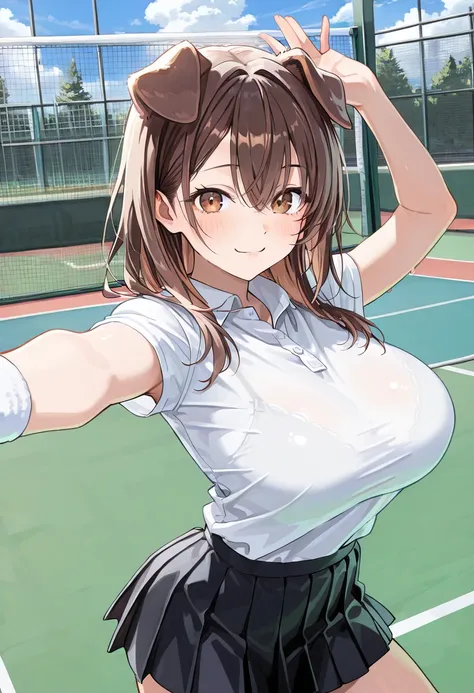 ( top quality , 8k , masterpiece , incredibly absurdres , beautiful woman , perfect body , super detailed skin , highly detailed eyes and face , 1 person ) , Inugami King , original hair color , brown hair , brown eyes ,  dog ear , smile ,  will be happy ,...