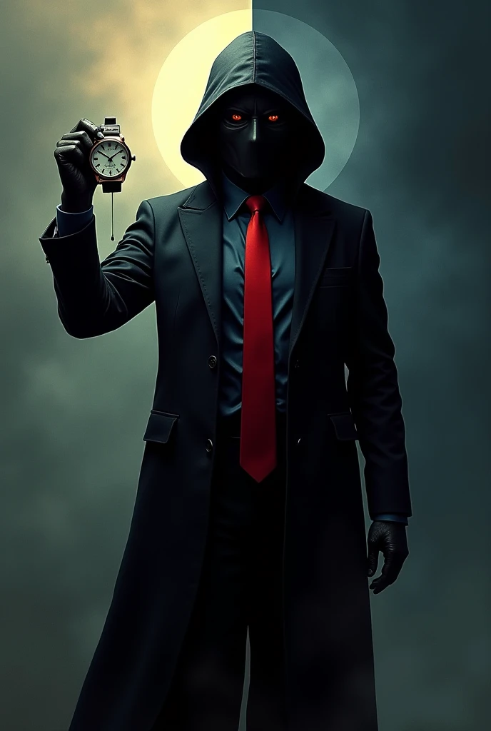 A man in a black suit and a red tie with a hood and a mask holding a watch in his hand with behind him left the right hand the day and in the center a mixture of the two