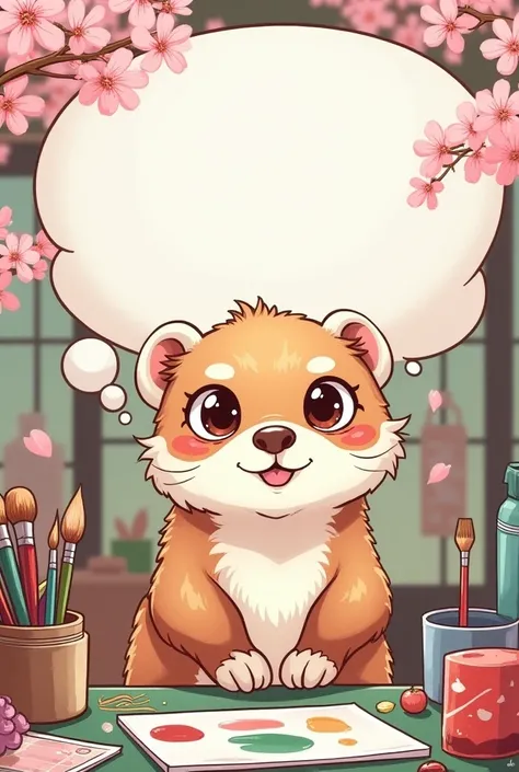 Invites
Manga drawing cute and funny ferret creating on a craft workshop with an empty speech bubble, fond beaucoup de couleurs et fleurs de cerisiers