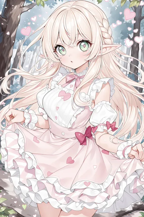 Best quality, masterpiece, ultra high res, a kawaii illustration of an elf woman, blonde hair, green eyes, heart, forest background