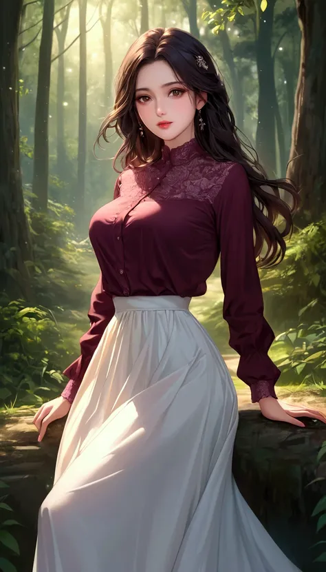  masterpiece,   top quality of talks,   Super Detail,   Best Shadow,   one beautiful girl , Dark Maroon Long Hair  ,   beautiful brown eyes ,  beautiful pink lips,   beautiful detailed faces from faces and clothes  , Moderate bust,  Detailed digital illust...