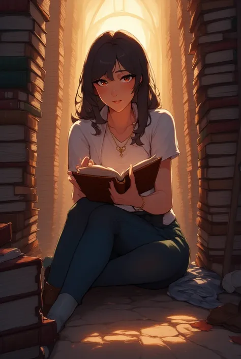 Sophia finds the old book
- Image: Sophia sitting in a dusty, old library, surrounded by stacks of books, with a look of curiosity on her face, holding an old, leather-bound book.